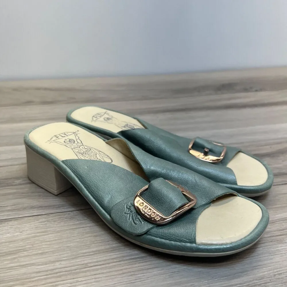 FLY London - Leather Mules Sandals Buckle Detail Elax Jade Green Size 37 6.5 - 7